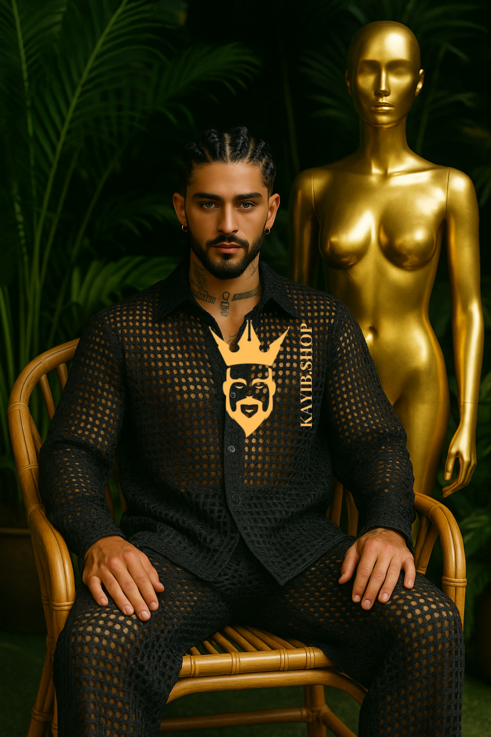 Men’s Metallic Mesh Outfit Set – 3D Foil Textured Shirt & Pants in Luxury Interwoven Fabric