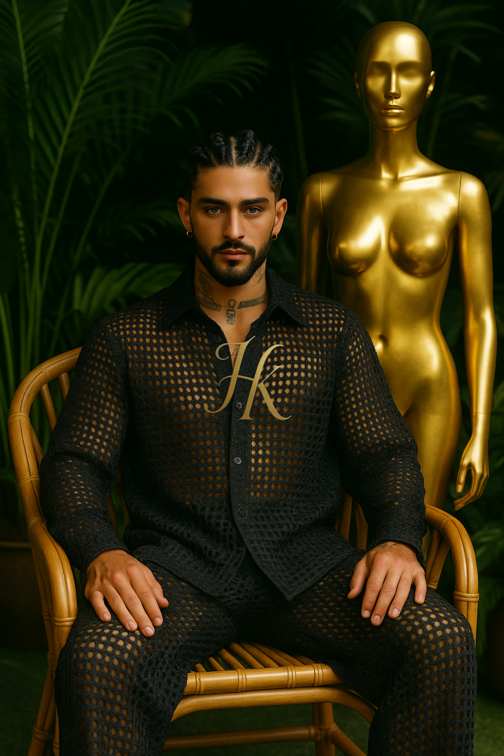 Men’s Metallic Mesh Outfit Set – 3D Foil Textured Shirt & Pants in Luxury Interwoven Fabric