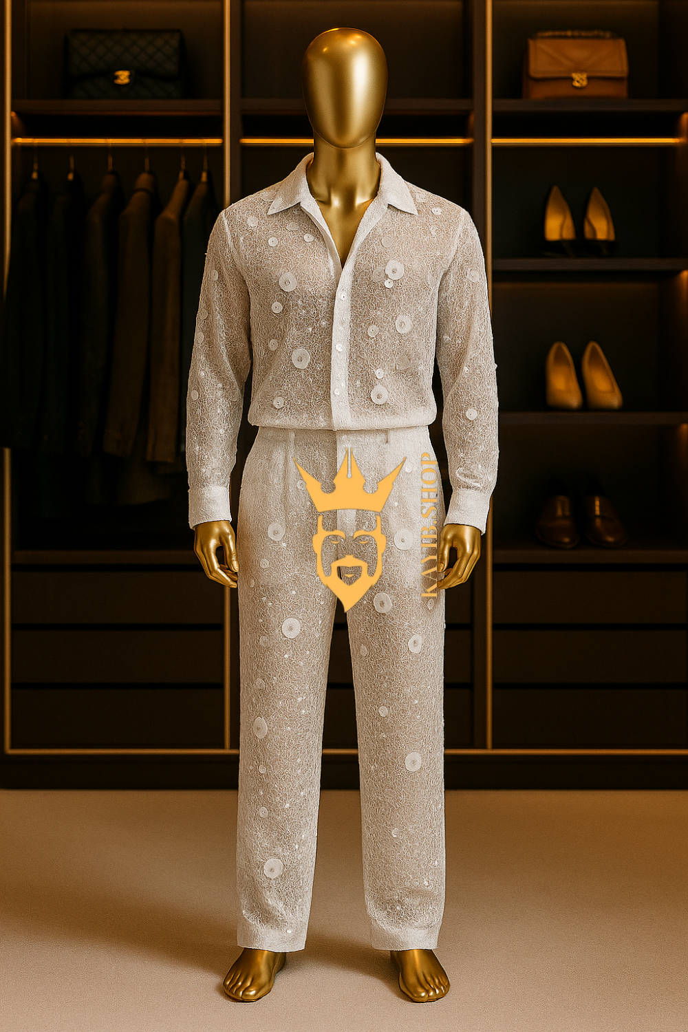 Men’s Luxury French Embroidered Lace Set – Handmade Pearls & Sequins Tulle Shirt and Pants
