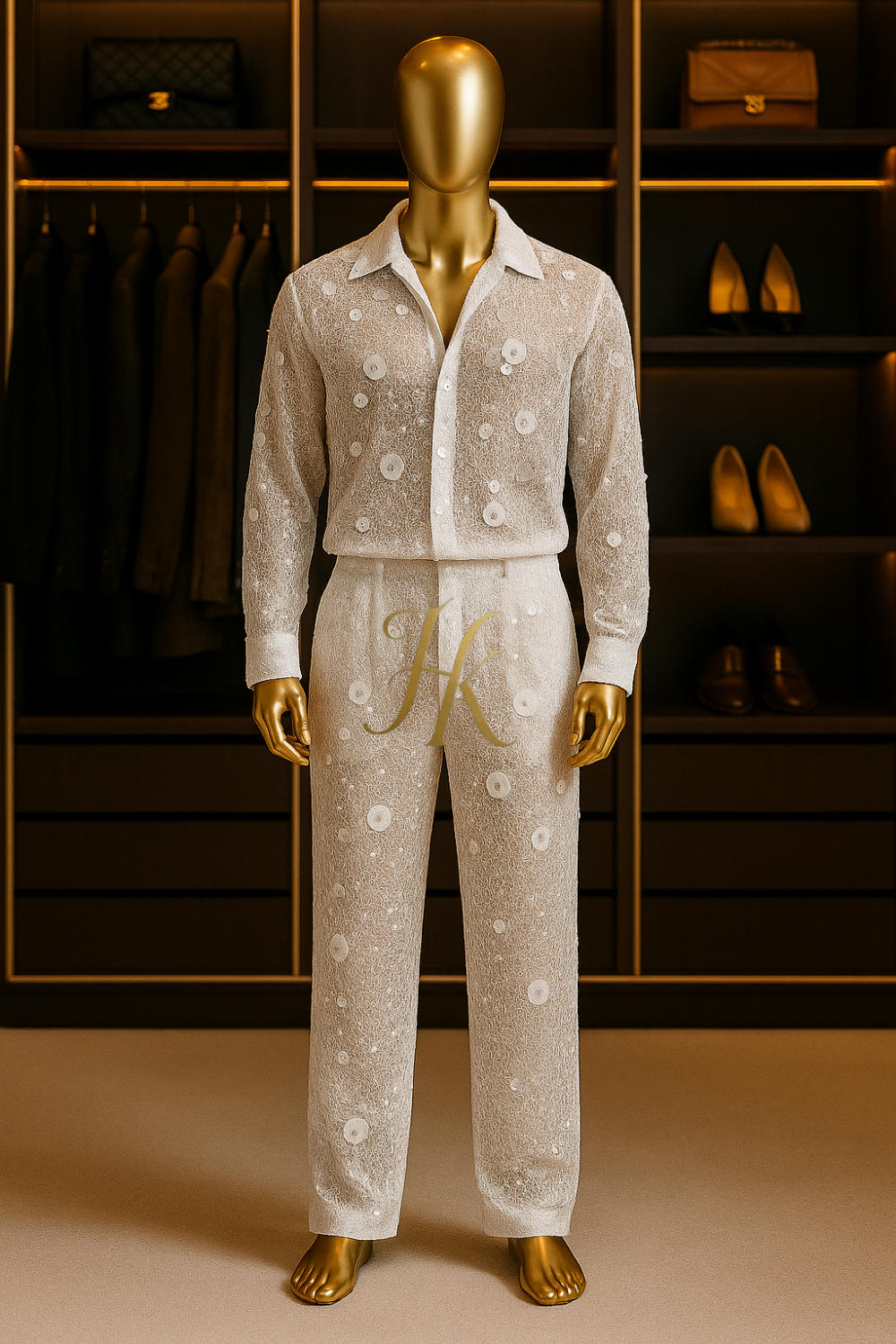 Men’s Luxury French Embroidered Lace Set – Handmade Pearls & Sequins Tulle Shirt and Pants