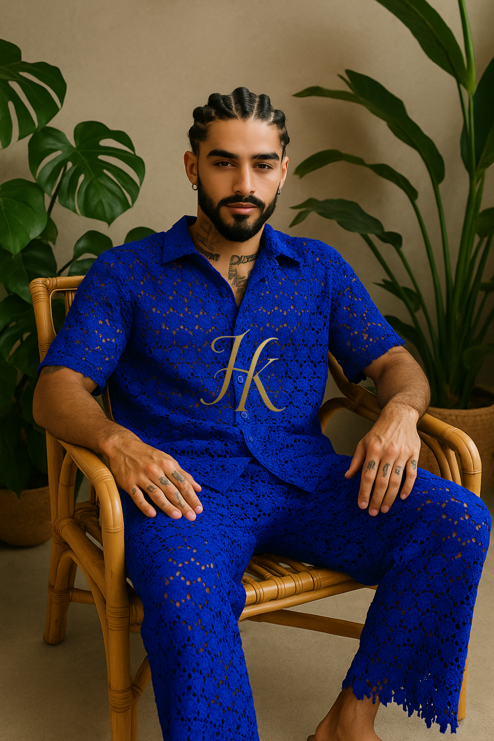 Men’s Luxury Embroidered Set – Water-Soluble Sequin Cotton Lace Shirt & Pants