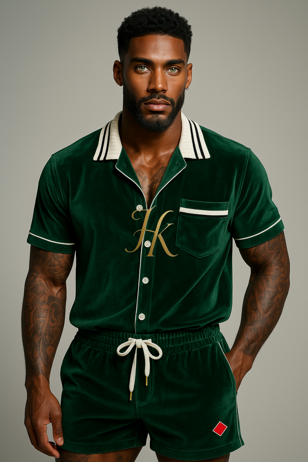 Men’s Velvet Shirt & Shorts Set with Turn-Down Collar