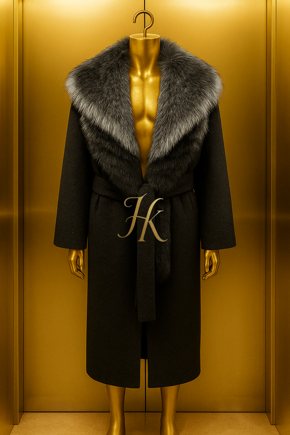 Men’s Luxury Wool Cashmere Coat – Long Winter Overcoat with Real Silver Fox Fur Collar & Belt