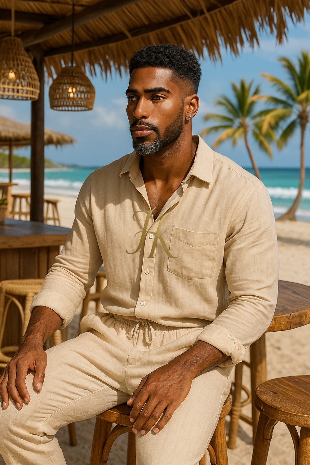 Vintage men’s Cotton Linen Two-Piece Suit – Plus Size Loose Fit Trousers & Skirt Set