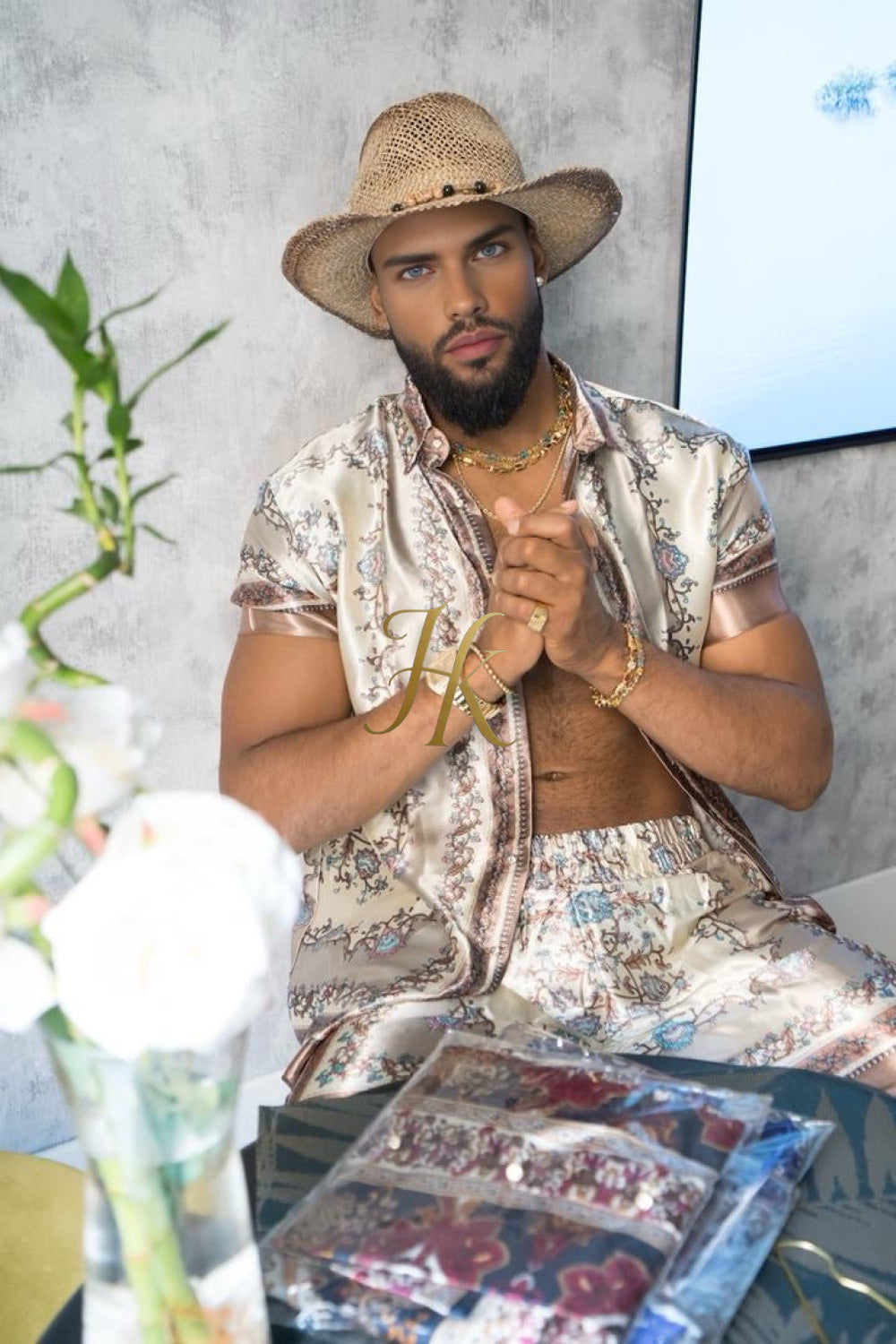 Luxury Boho Silk Shirt Set - Festival Outfit, Boho Handmade Men's Fashion - kayibstrore