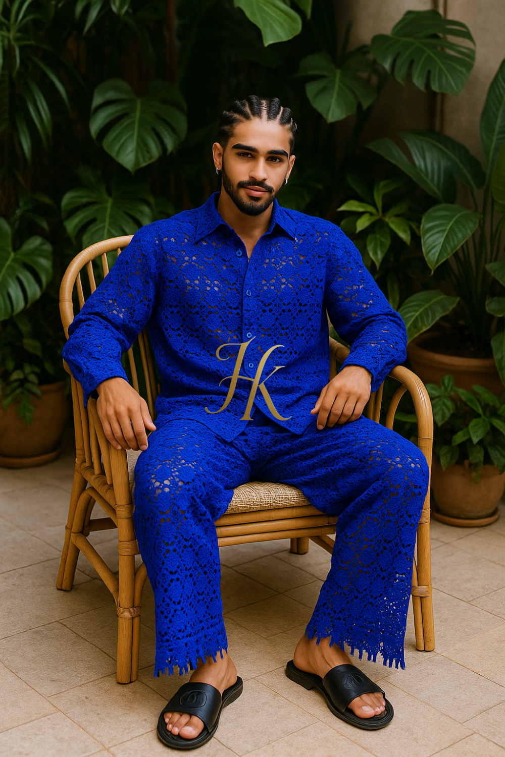 Men’s Luxury Embroidered Set – Water-Soluble Sequin Cotton Lace Shirt & Pants