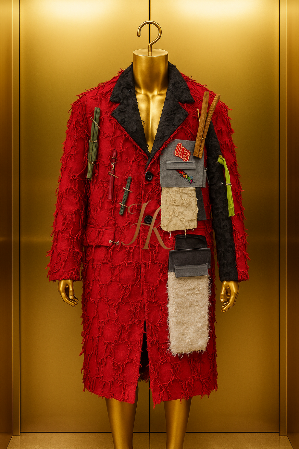 Men’s Red Fringe Faux Fur Jacket – Patchwork Long Sleeve Streetwear Blazer