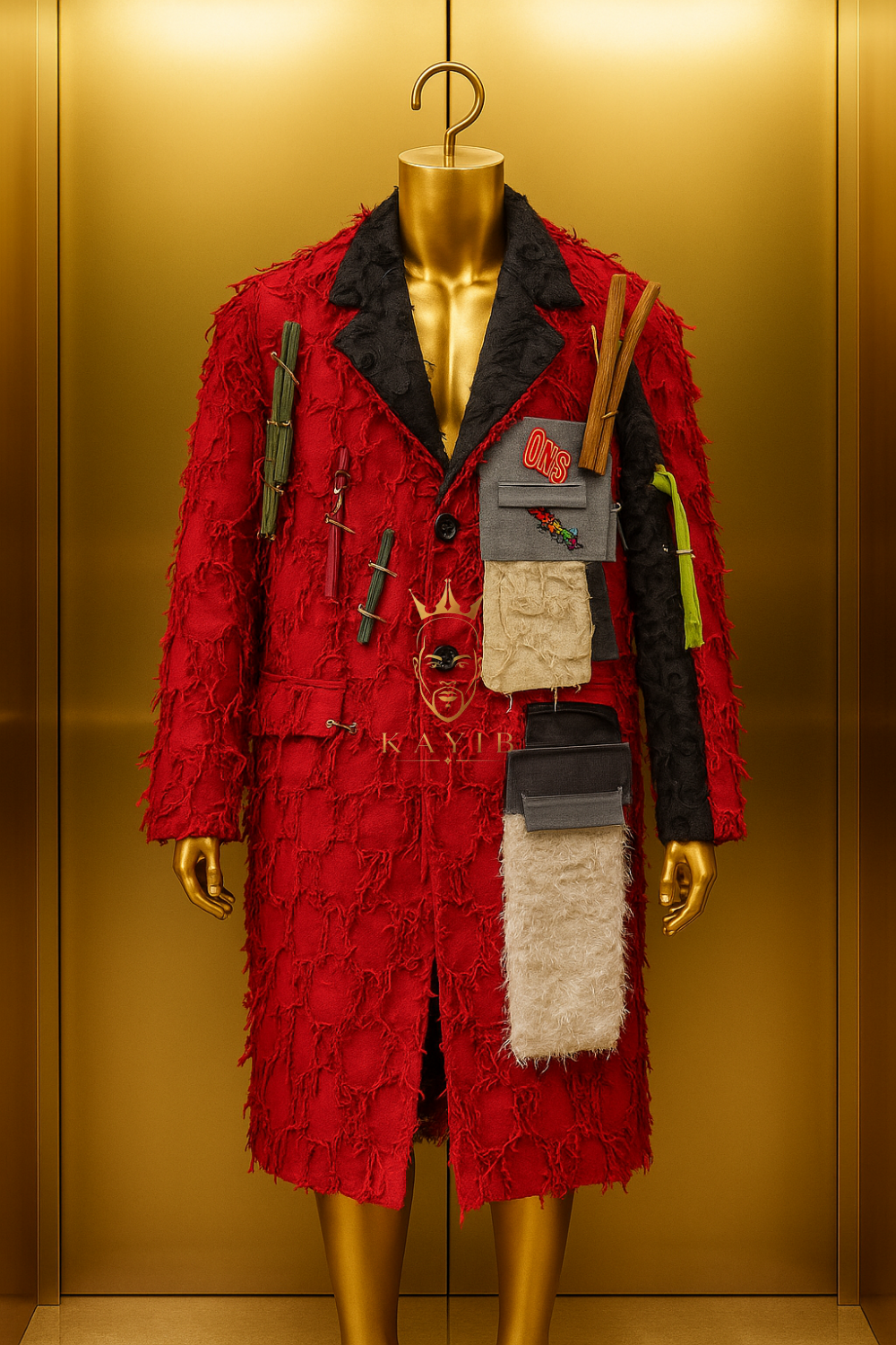 Men’s Red Fringe Faux Fur Jacket – Patchwork Long Sleeve Streetwear Blazer