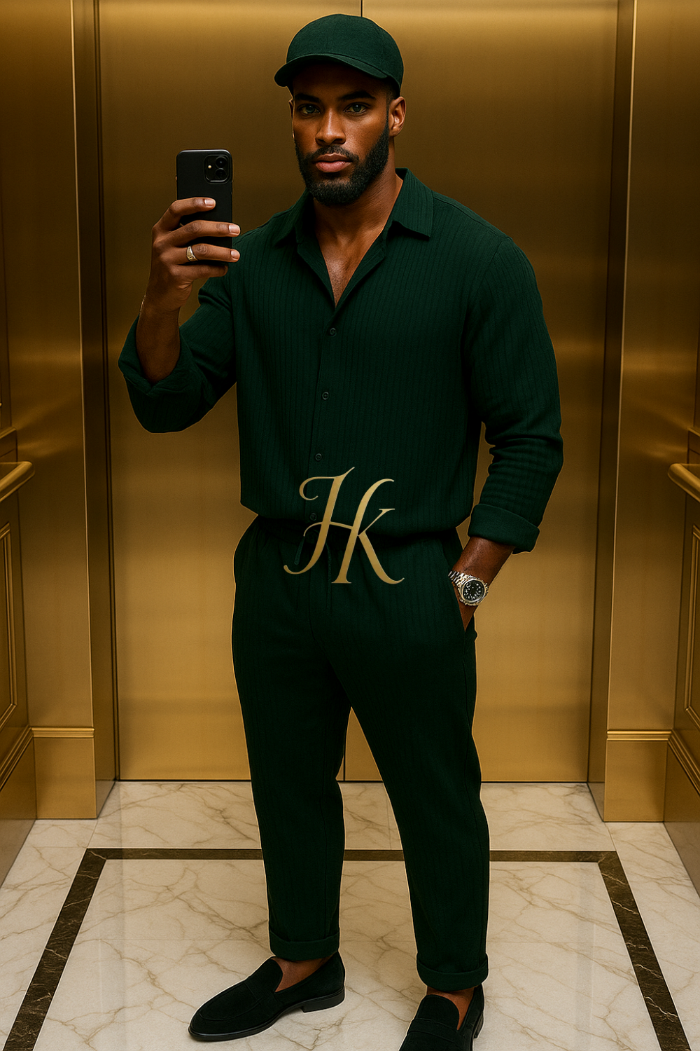 Green Men’s Two-Piece Shirt & Pants Set – Single-Breasted Top with Drawstring Straight Pants
