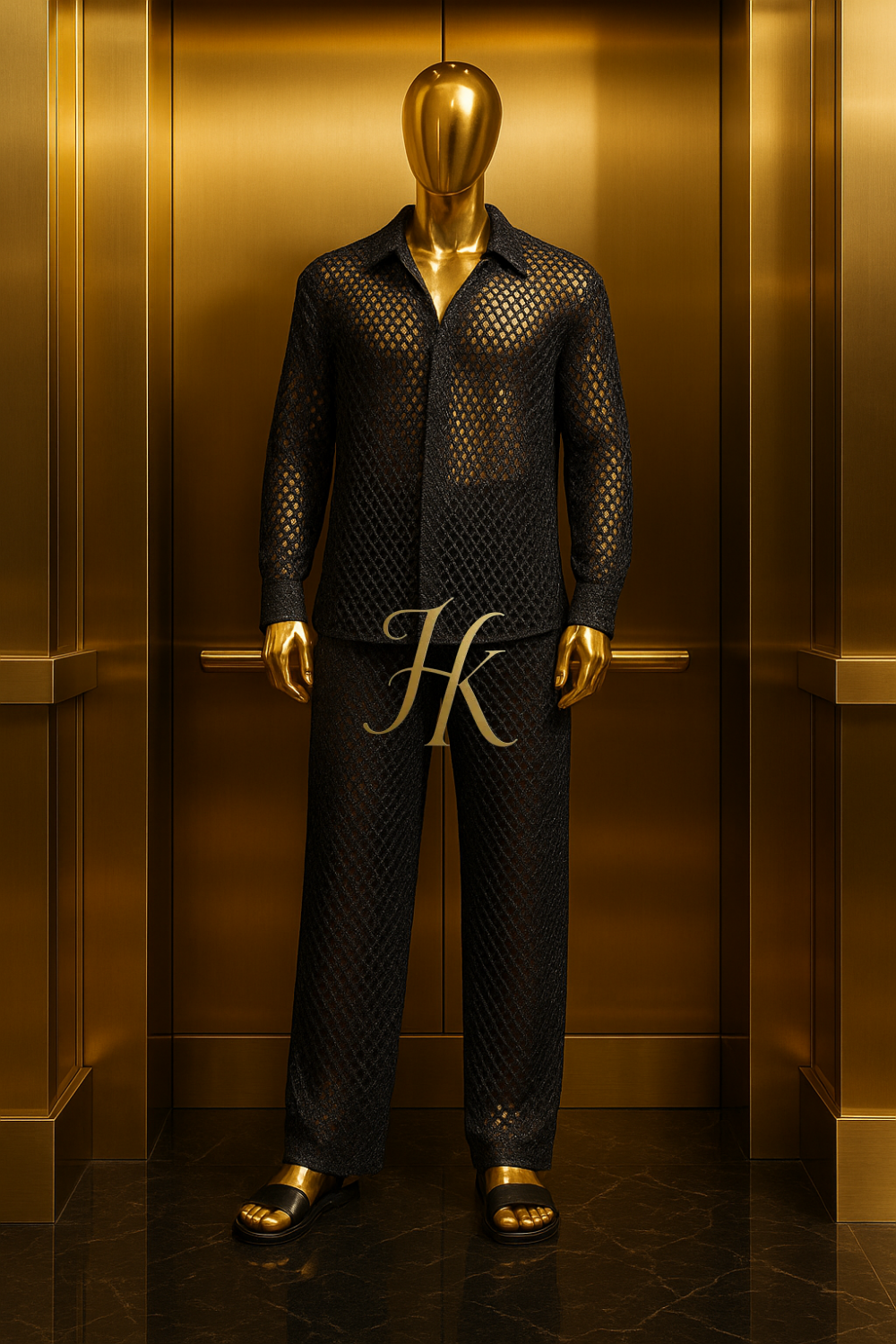 Men’s Metallic Mesh Outfit Set – 3D Foil Textured Shirt & Pants in Luxury Interwoven Fabric