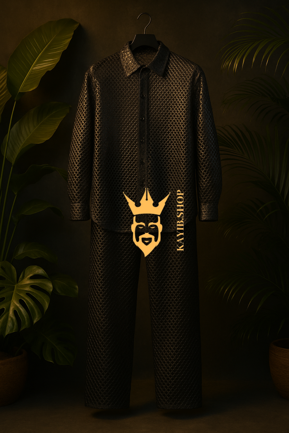 Men’s Metallic Mesh Outfit Set – 3D Foil Textured Shirt & Pants in Luxury Interwoven Fabric