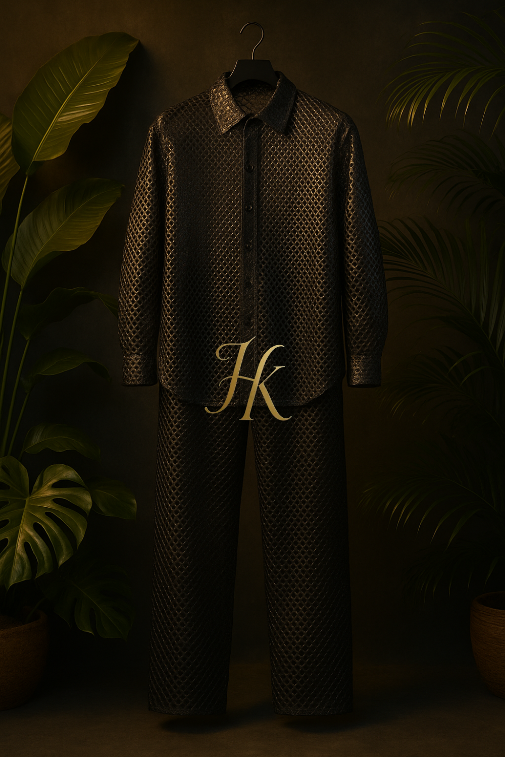 Men’s Metallic Mesh Outfit Set – 3D Foil Textured Shirt & Pants in Luxury Interwoven Fabric