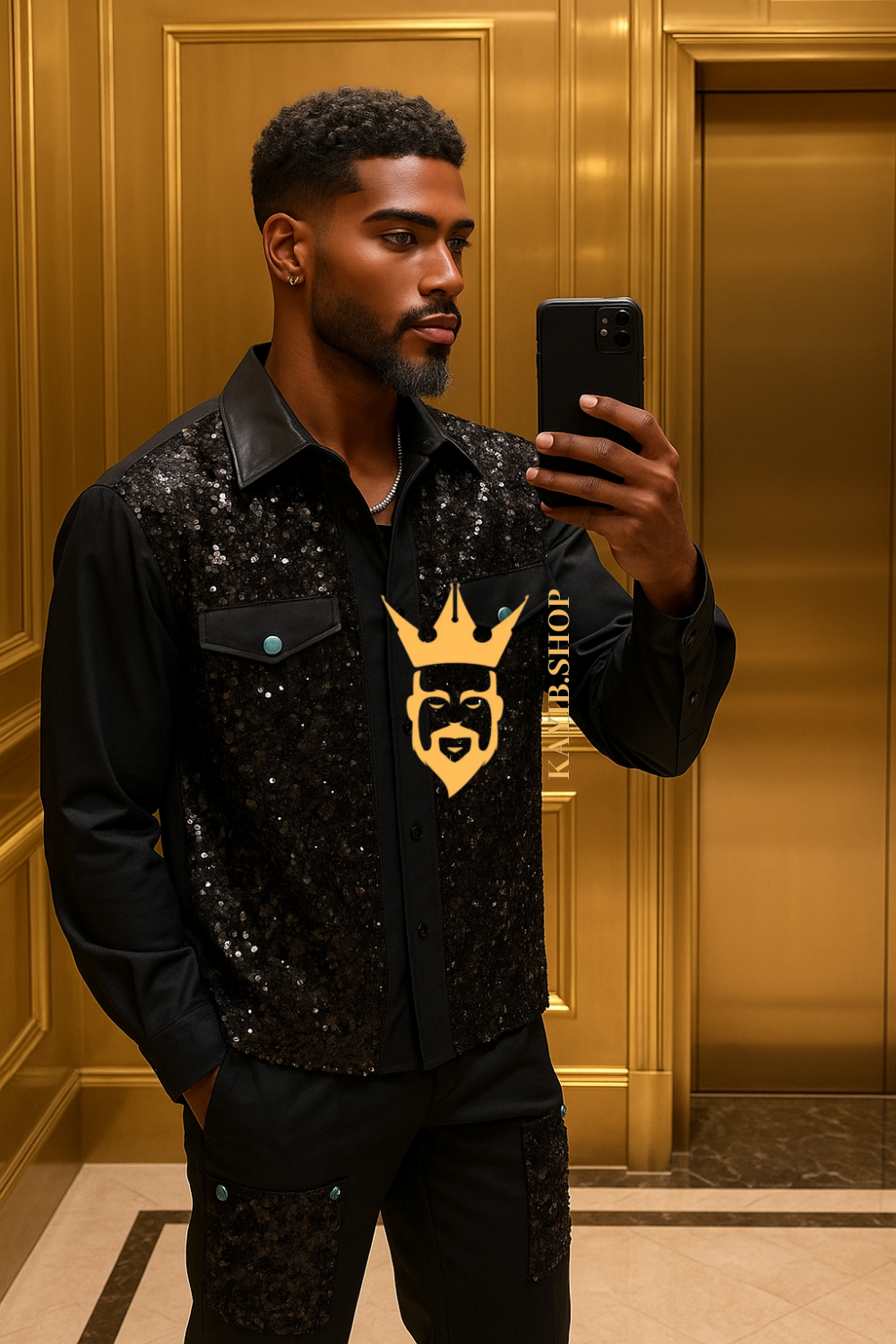 Men’s Glitter Splicing Shirt & Pants Set – Casual Two-Piece Outfit