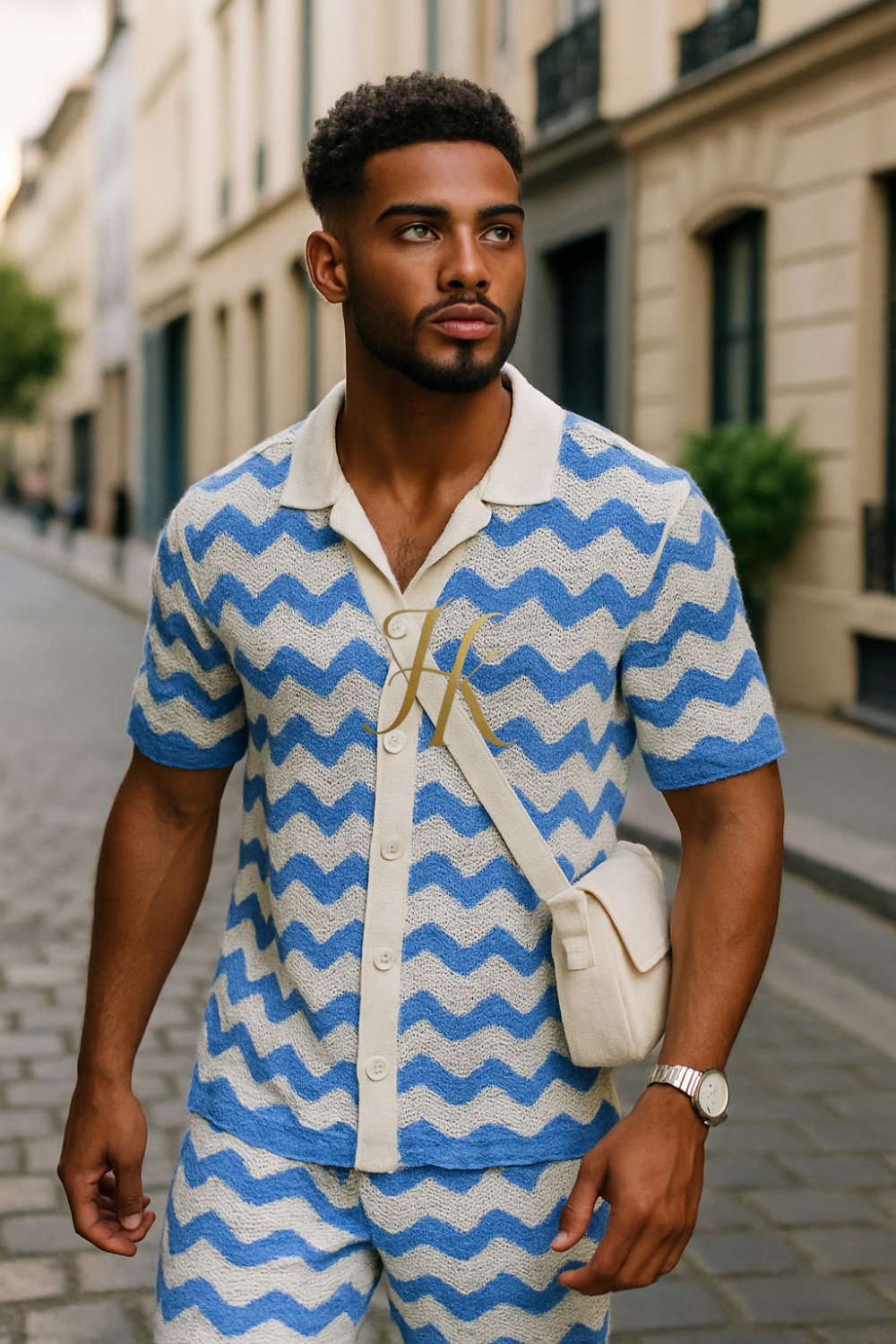 Trendy Knitted Wool Shirt with Wave Pattern & Collar set 2pcs
