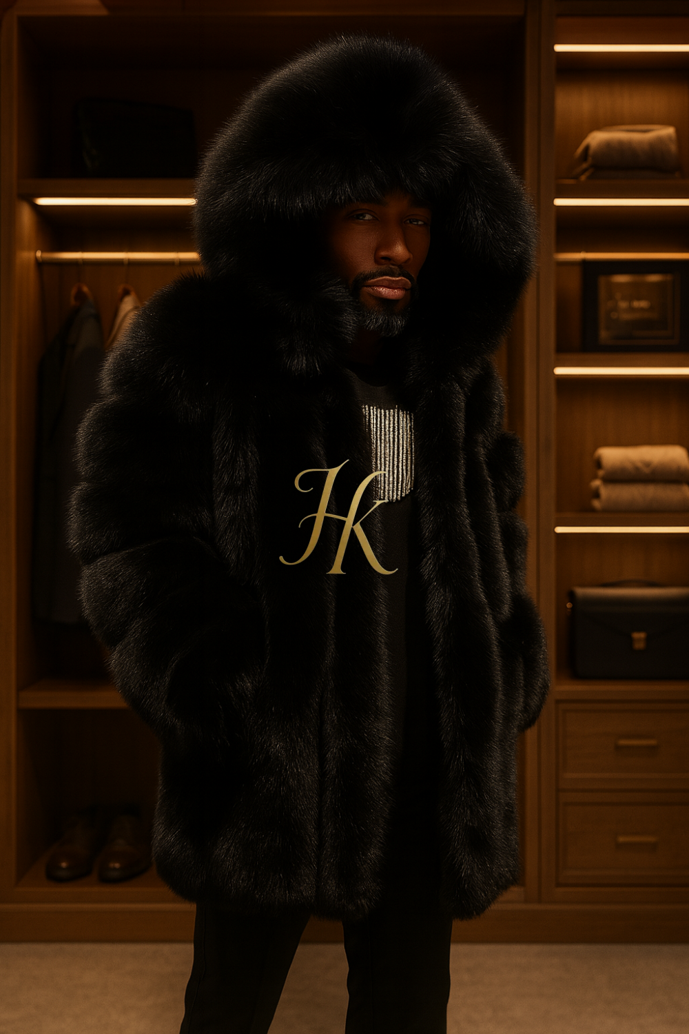 Luxury Men’s Black Fox Fur Hooded Coat – Winter Warm Jacket Outerwear