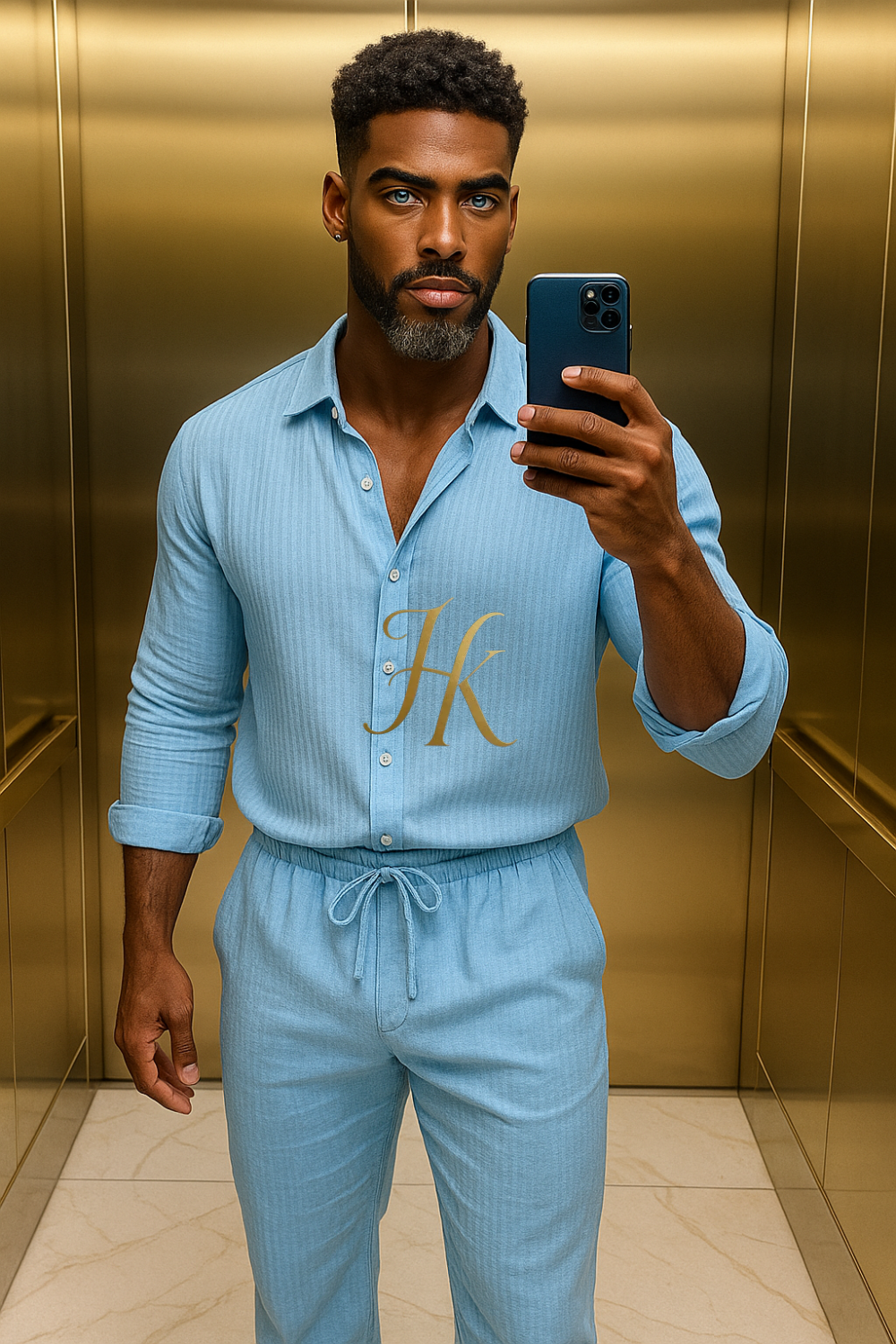 White Men’s Two-Piece Shirt & Pants Set – Single-Breasted Top with Drawstring Straight Pants