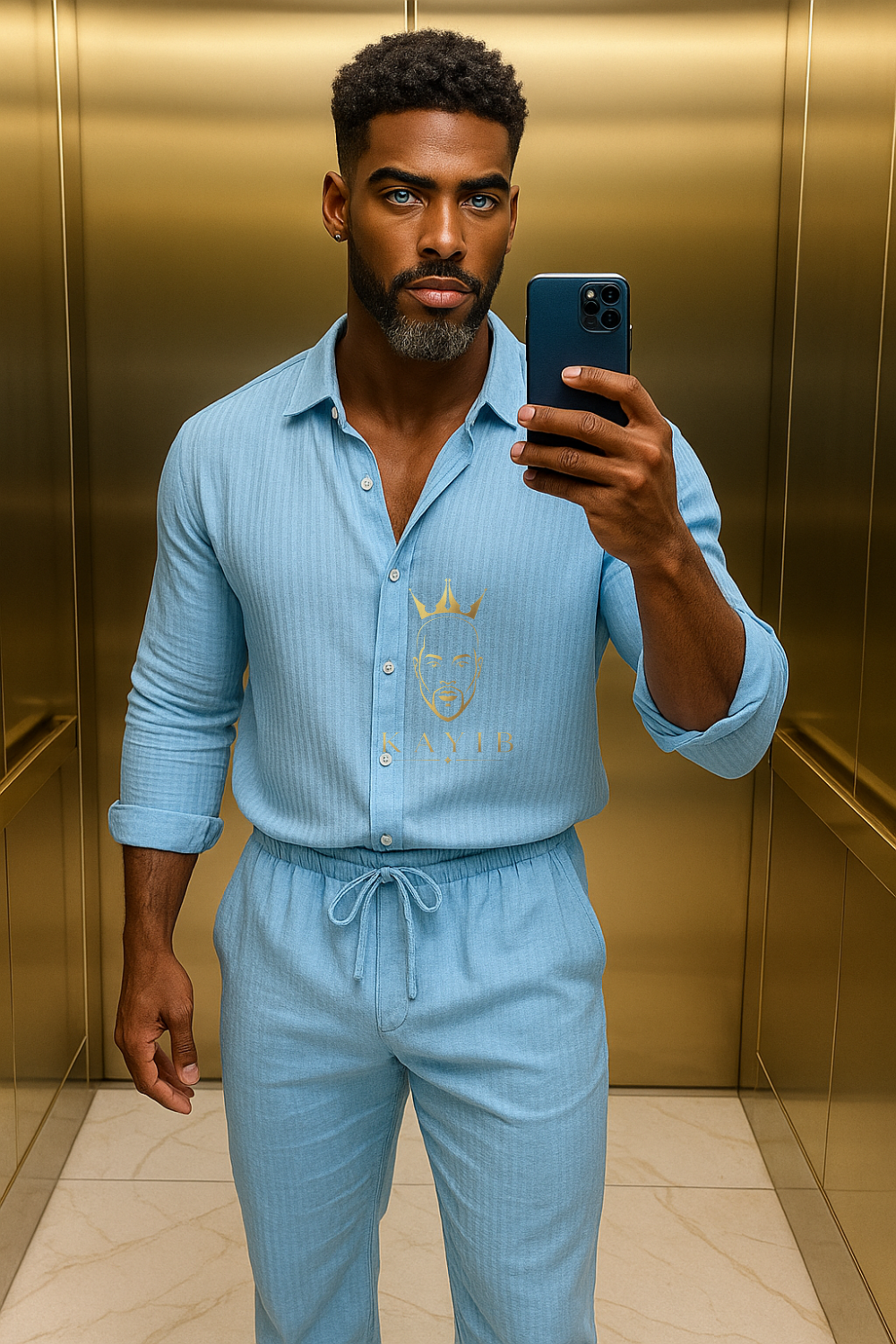 White Men’s Two-Piece Shirt & Pants Set – Single-Breasted Top with Drawstring Straight Pants