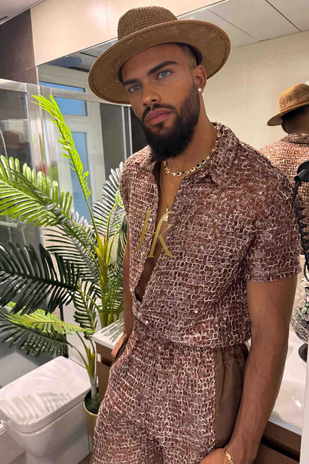 Velour Nights Mesh Shirt – Champagne Gold Elegance - kayibstrore