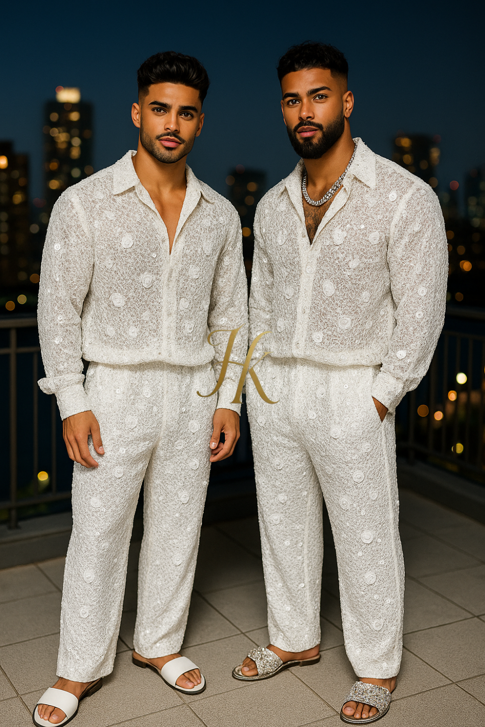Men’s Luxury French Embroidered Lace Set – Handmade Pearls & Sequins Tulle Shirt and Pants