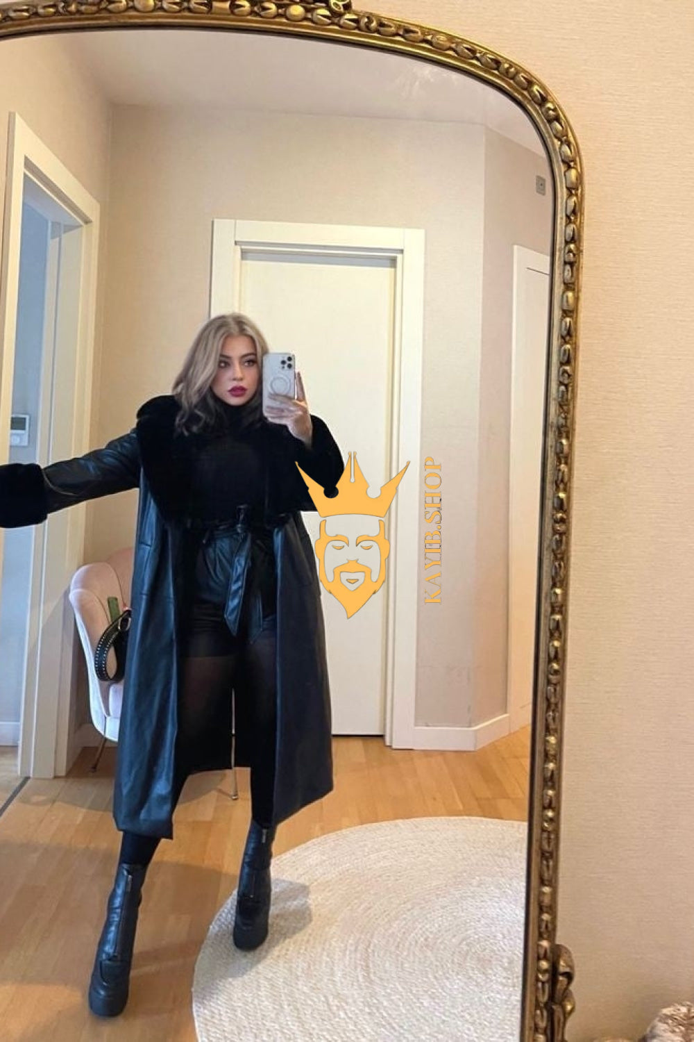Women's Faux Leather Long Coat Jacket with Faux Fur Collar - Luxurious Elegance for Every Occasion - kayibstrore