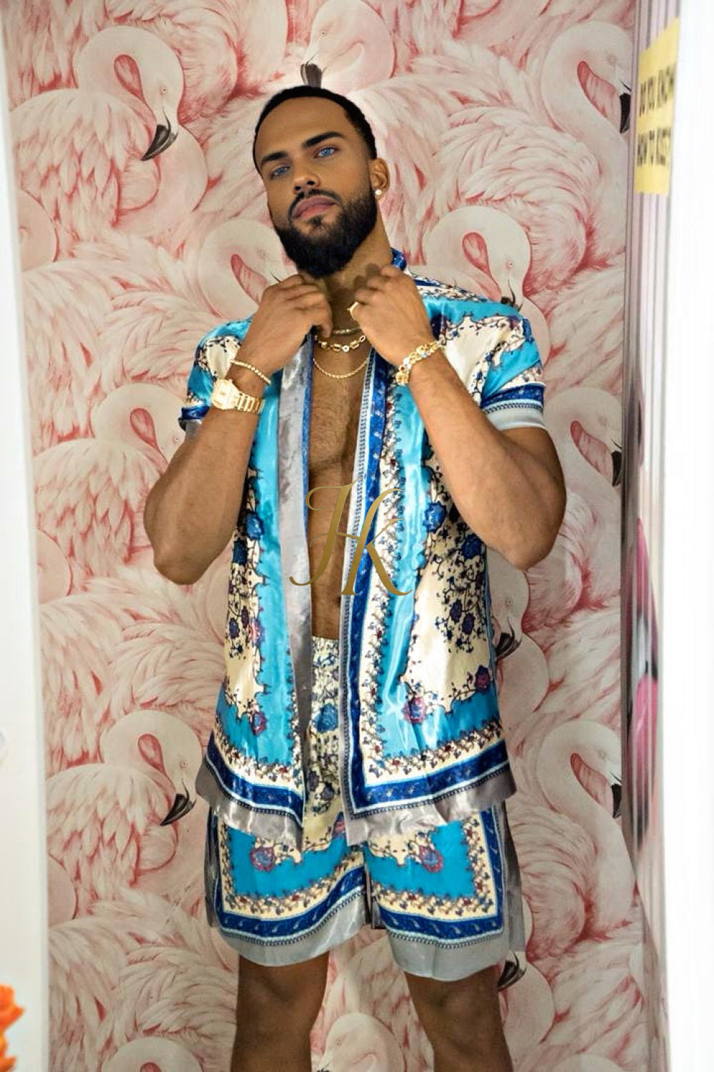 Luxury Boho Silk Shirt Set - Festival Outfit, Handmade Men's Fashion style for summer - kayibstrore