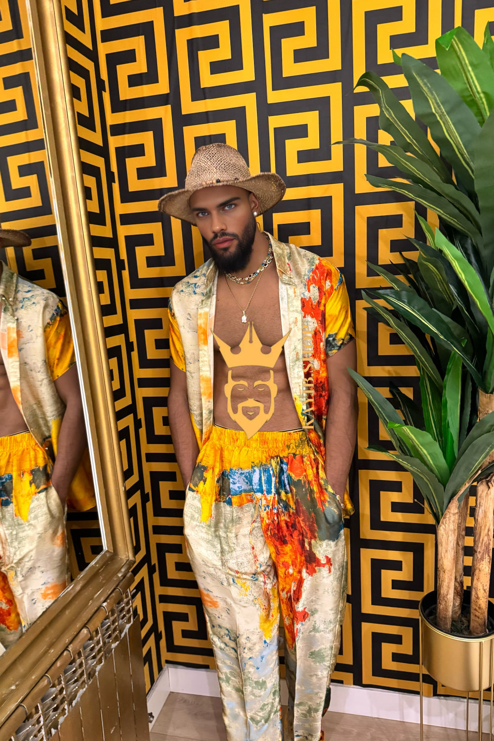 Golden Hour Elegance – Men’s Premium Silk Shirt & Pants Set - kayibstrore