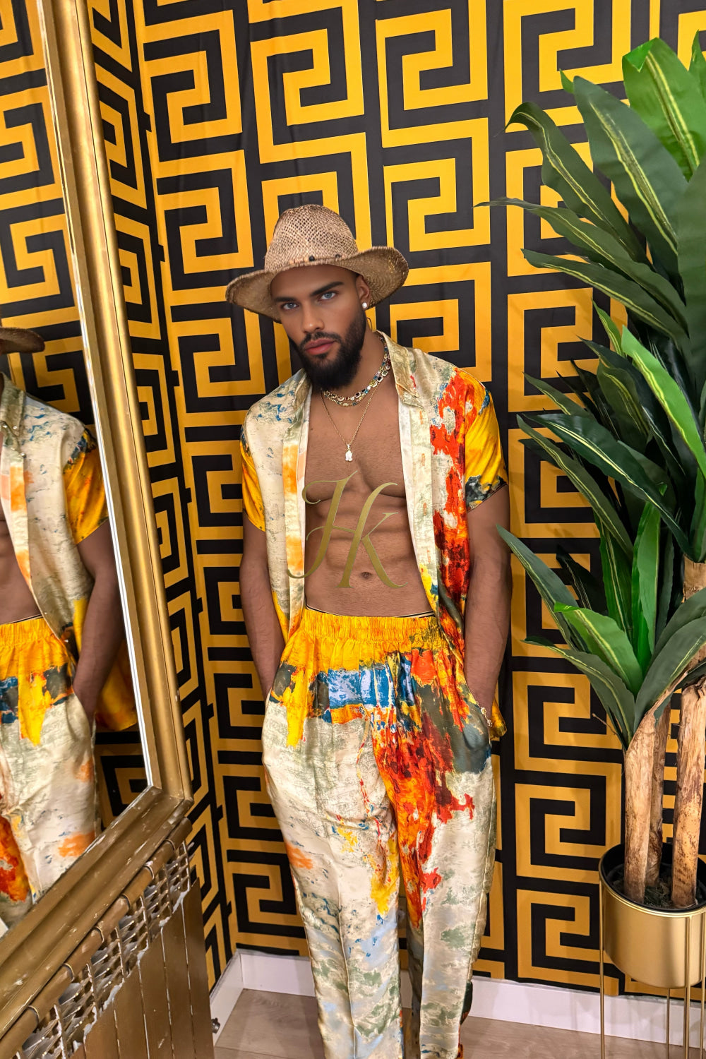 Golden Hour Elegance – Men’s Premium Silk Shirt & Pants Set - kayibstrore