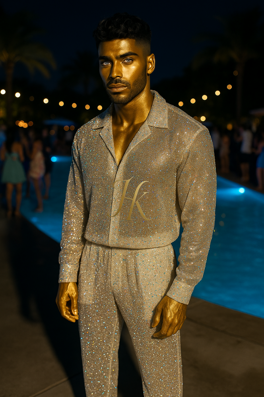 Men’s Luxury Embroidered Lace Set – Handmade Beaded Net Fabric with Sequins (High-End Couture Design)