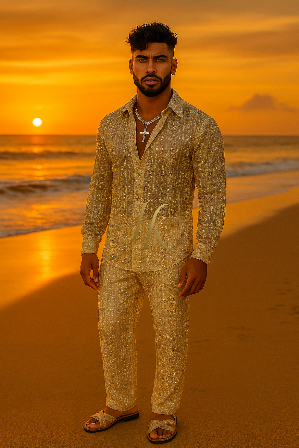Men’s Luxury Champagne Gold Lace Set – Beaded & Sequined Mesh Embroidered Shirt and Pants