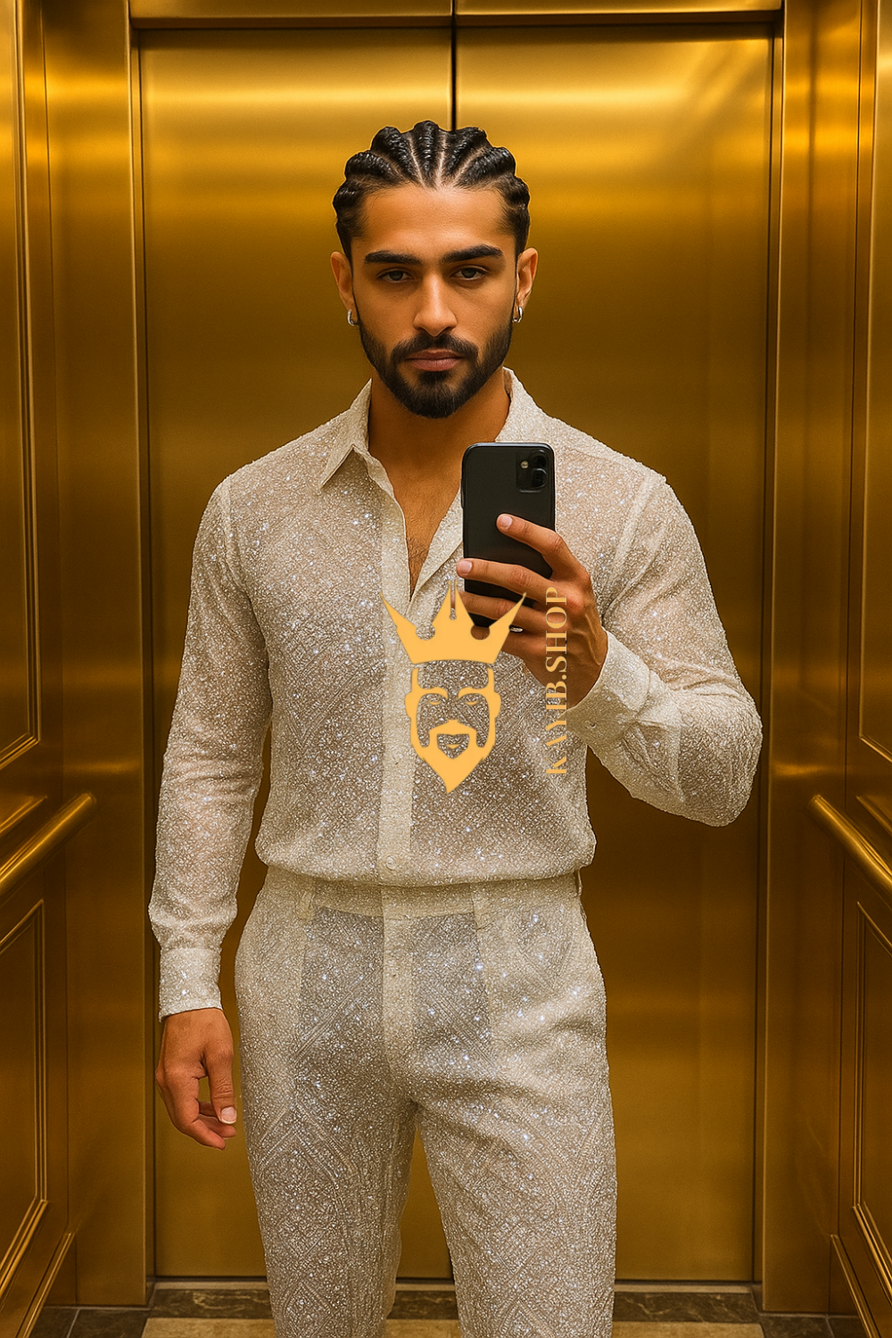 Men’s Luxury Lace Set – French Tulle with Sequins & Beaded Embroidery Shirt and Pants