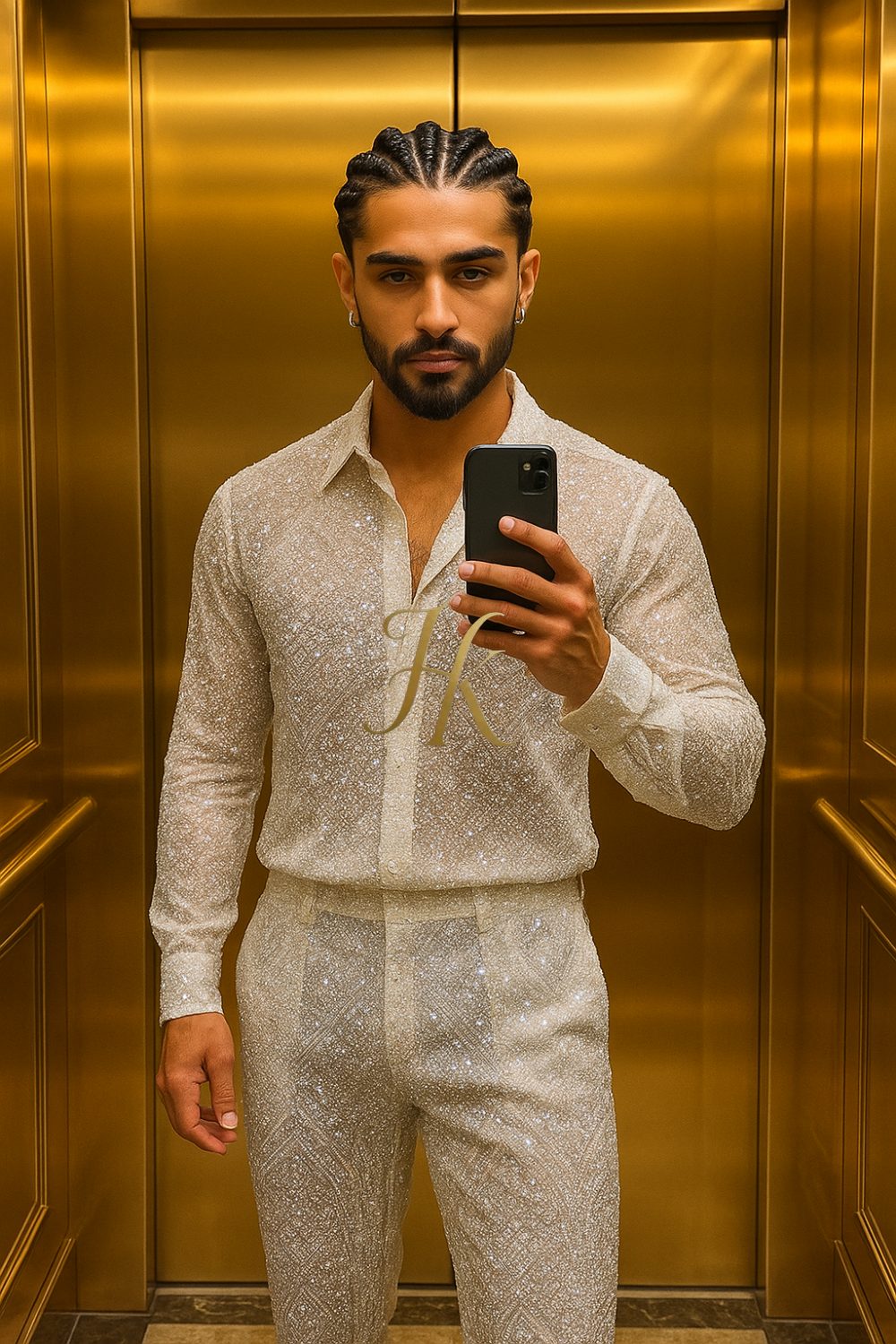 Men’s Luxury Lace Set – French Tulle with Sequins & Beaded Embroidery Shirt and Pants