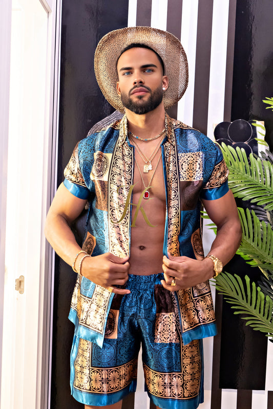 Luxury Boho Silk Shirt Set - Festival Outfit, Handmade Men's Fashion style - kayibstrore