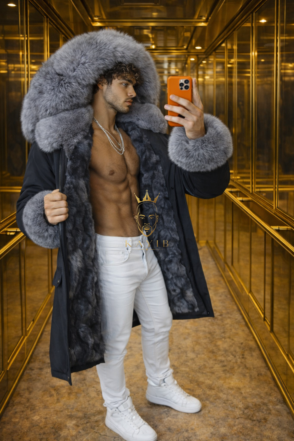 MEN’S LUXURY FOX FUR PARKA – BLACK & GREY EDITION