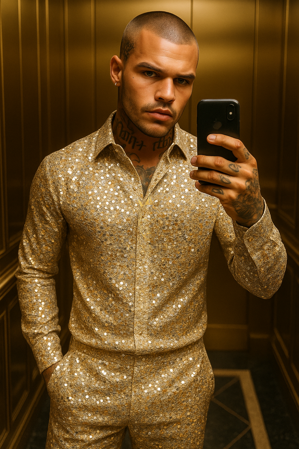 Men’s Luxury Champagne Gold Lace Set – Beaded & Sequined Mesh Embroidered Shirt and Pants