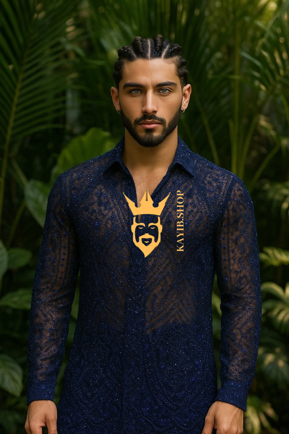 Men’s Luxury Lace Set – French Tulle with Sequins & Beaded Embroidery Shirt and Pants