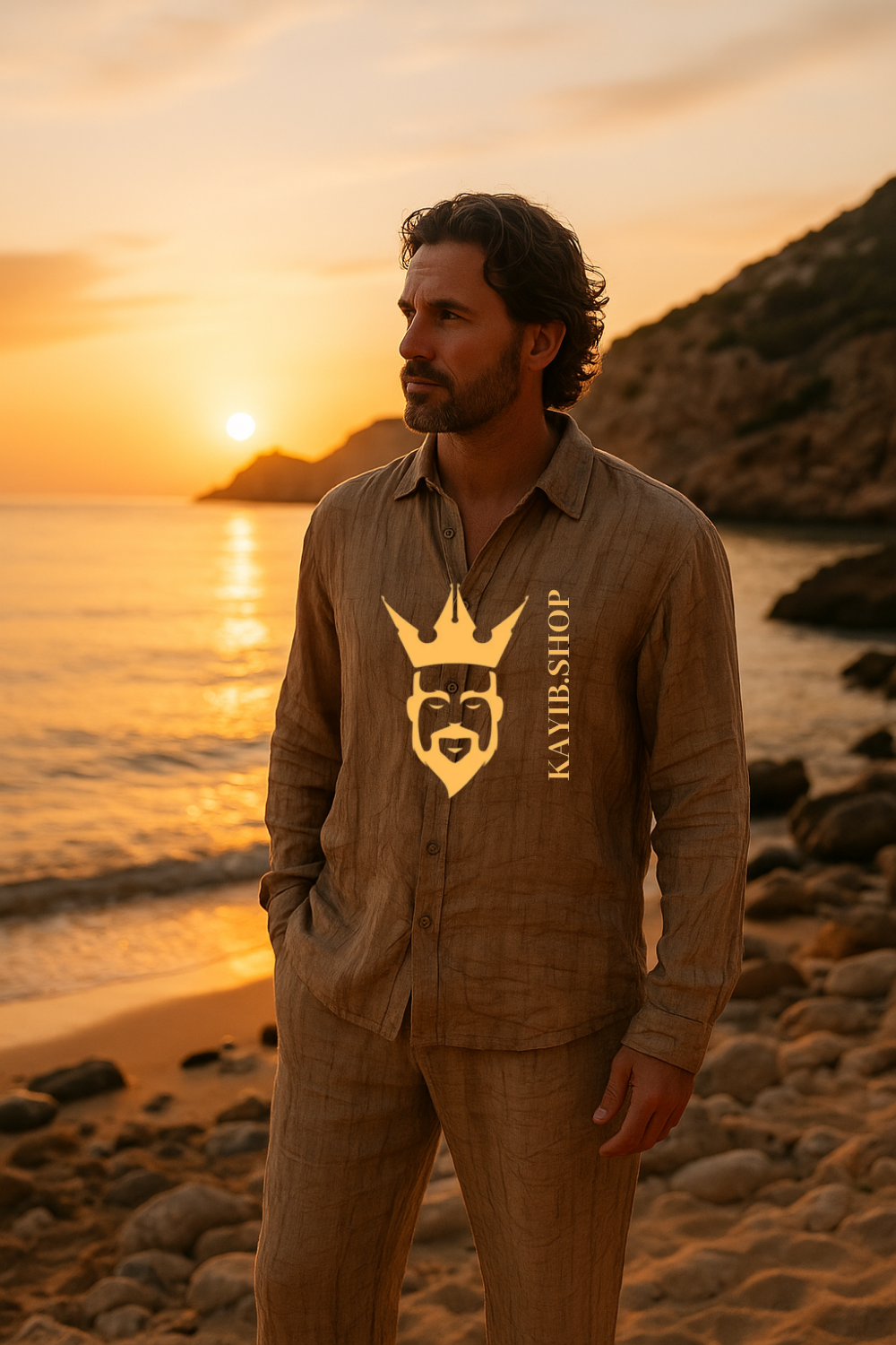 Men’s Vintage Artistic Set – Brown Artificial Silk Linen Texture Cardigan Shirt & Pants