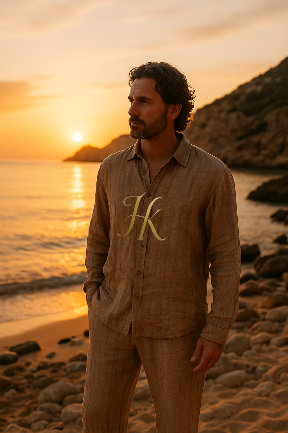 Men’s Vintage Artistic Set – Brown Artificial Silk Linen Texture Cardigan Shirt & Pants