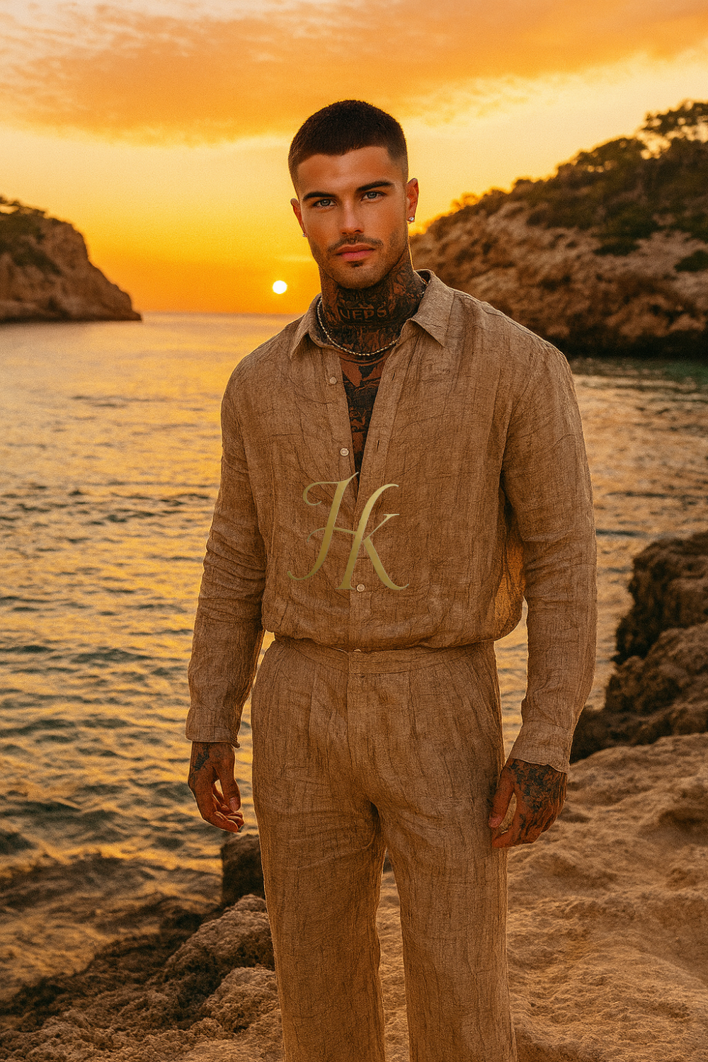 Men’s Vintage Artistic Set – Brown Artificial Silk Linen Texture Cardigan Shirt & Pants