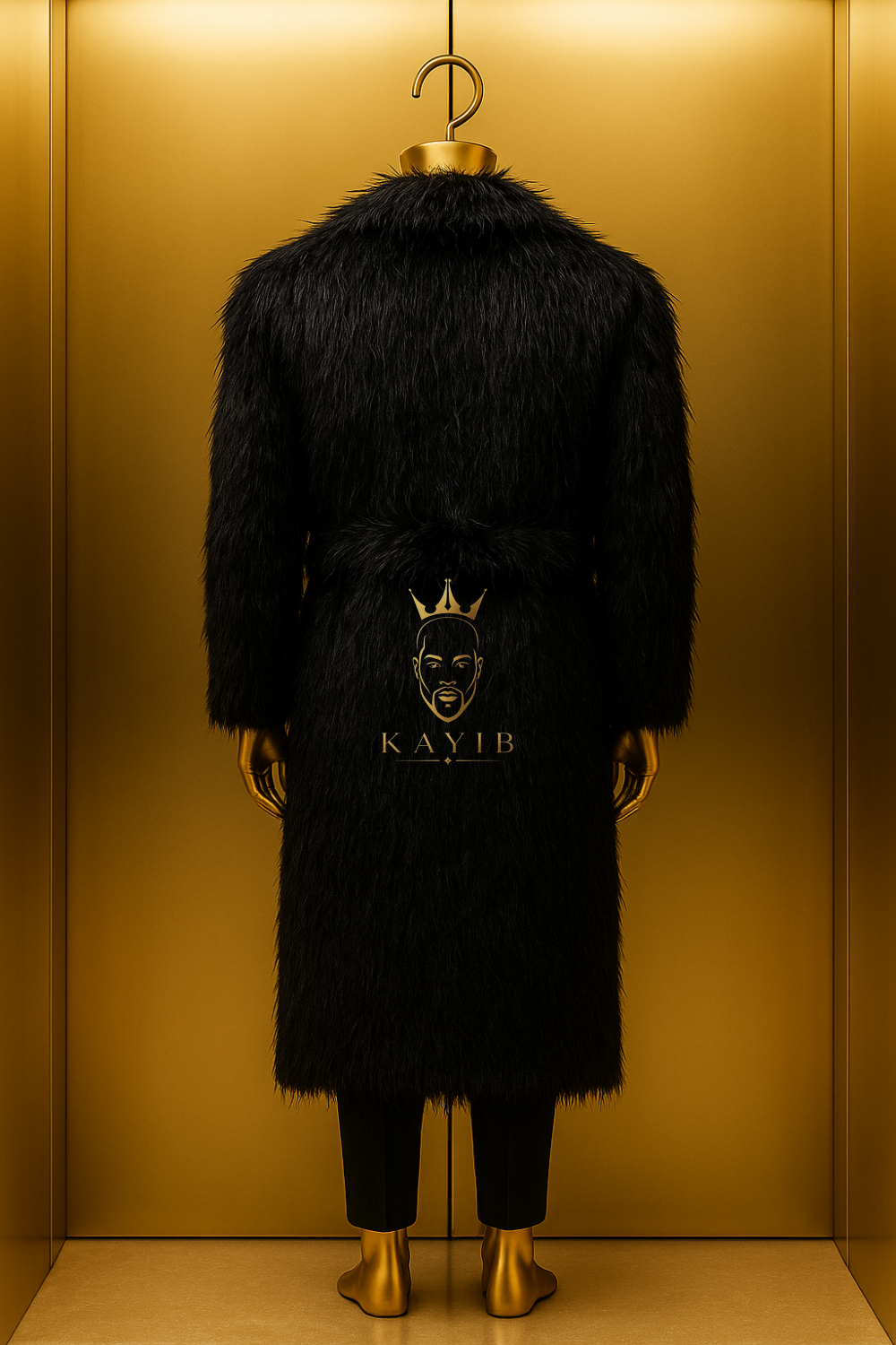 Men’s Extra Long Black Faux Fur Coat – Thick Warm Shaggy Fluffy Mongolian Style Winter Jacket