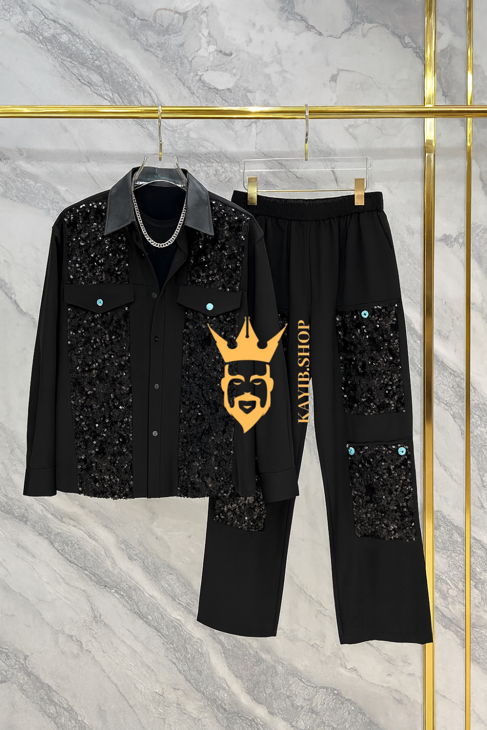 Men’s Glitter Splicing Shirt & Pants Set – Casual Two-Piece Outfit