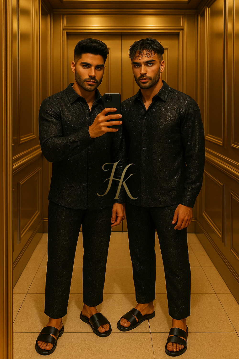 Men’s Luxury Black Glitter Set – Hot Diamond Net Fabric Shirt & Pants