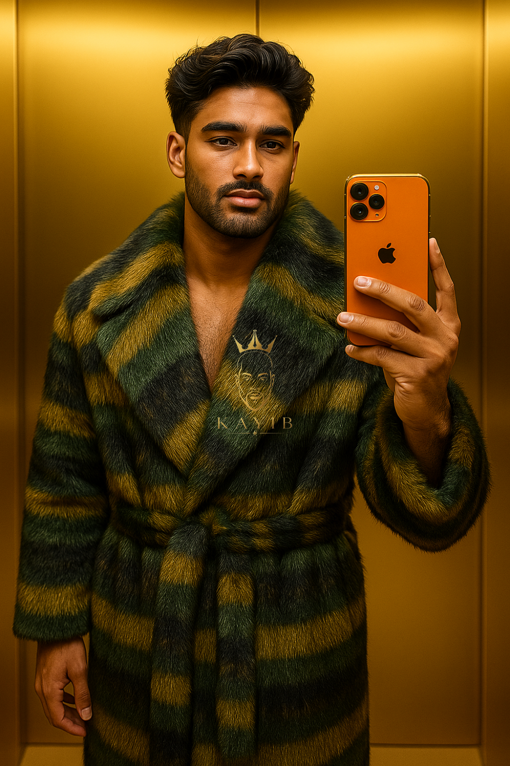 Men’s Luxury Colorful Striped Faux Fox Fur Coat – Thick Warm Shaggy Belted Winter Overcoat