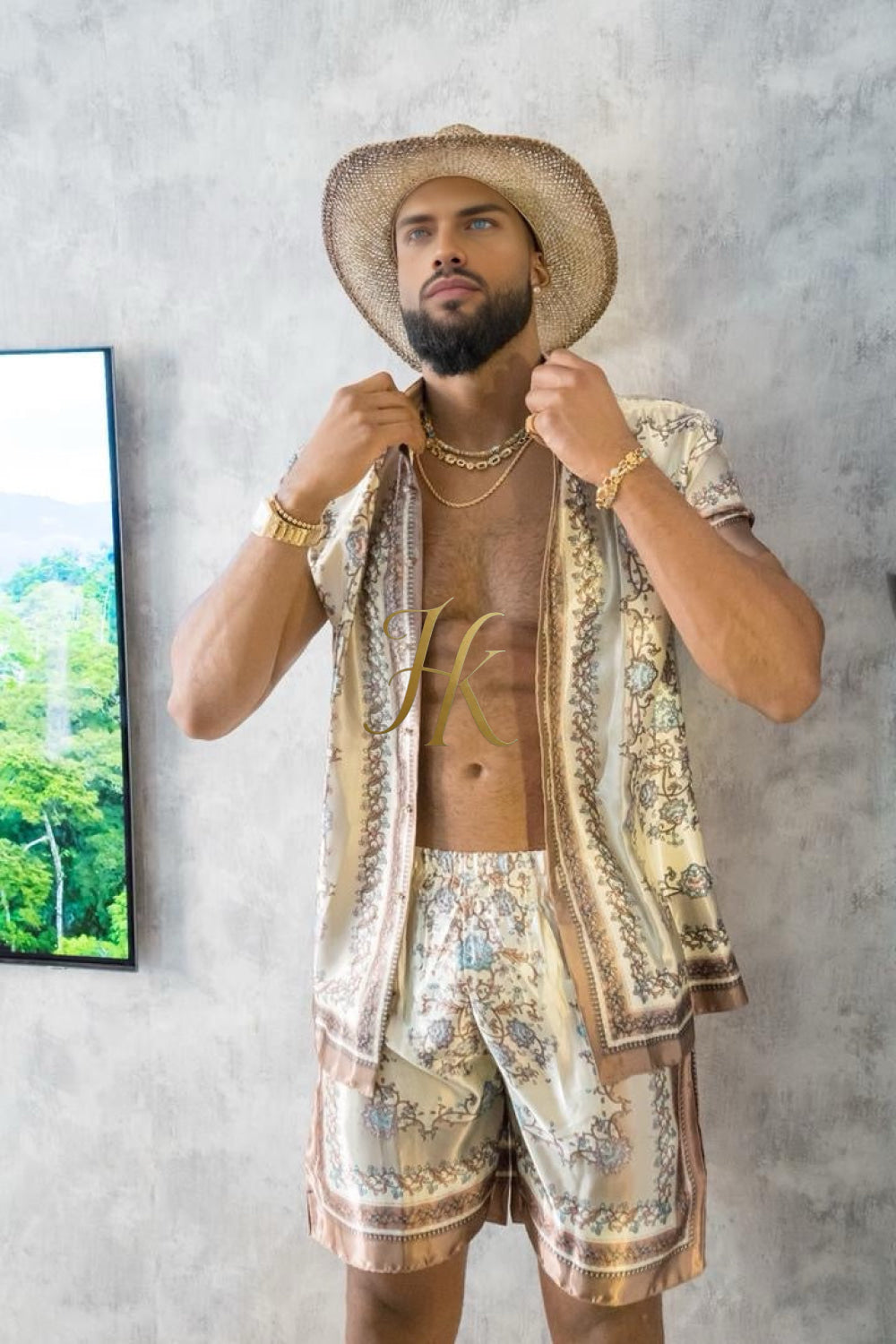 Luxury Boho Silk Shirt Set - Festival Outfit, Boho Handmade Men's Fashion - kayibstrore