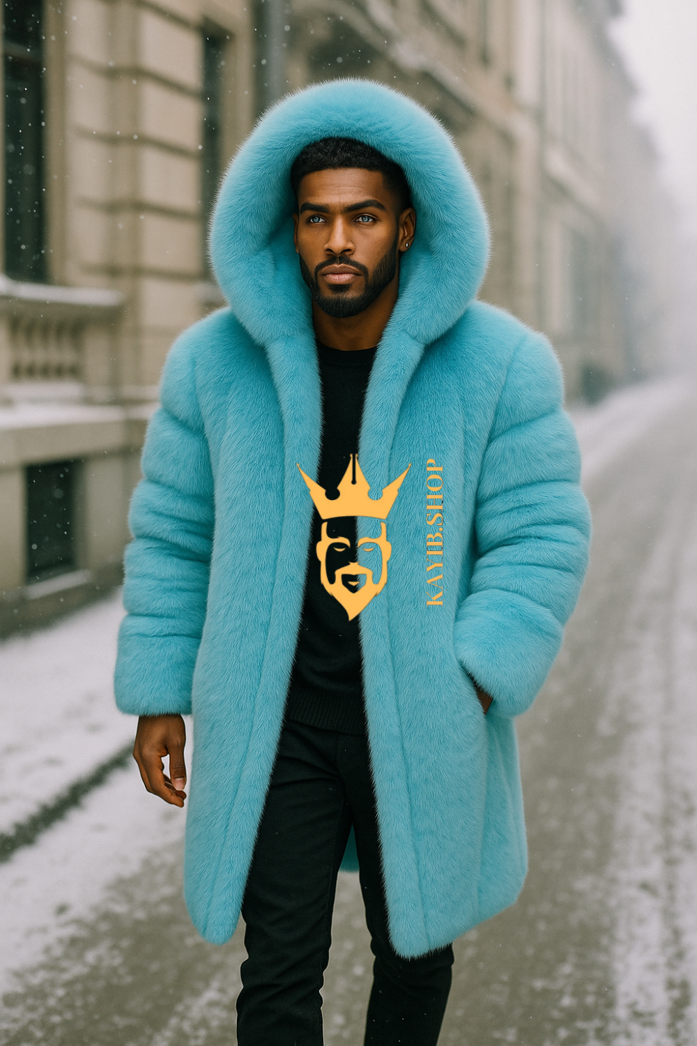 Men’s Light Blue Long Fox Fur Coat – Genuine Natural Fur Luxury Winter Outwear