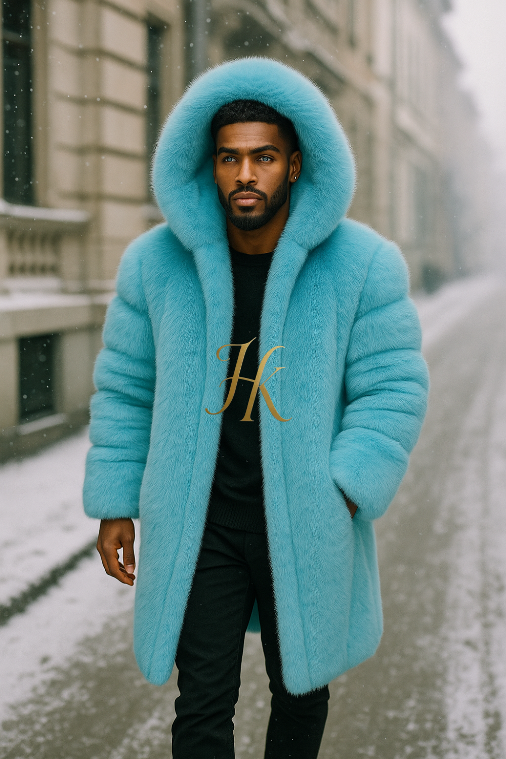 Men’s Light Blue Long Fox Fur Coat – Genuine Natural Fur Luxury Winter Outwear