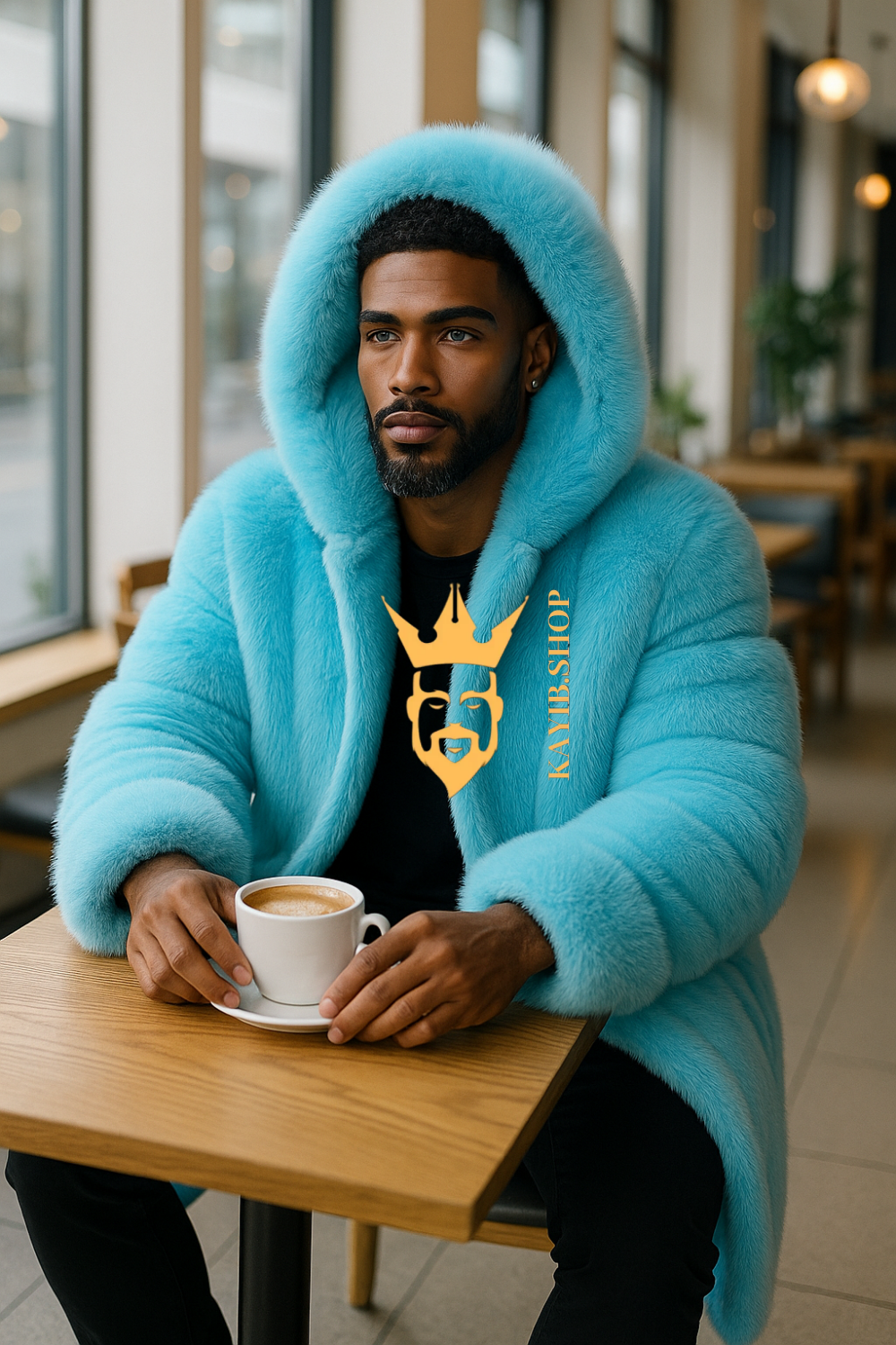 Men’s Light Blue Long Fox Fur Coat – Genuine Natural Fur Luxury Winter Outwear
