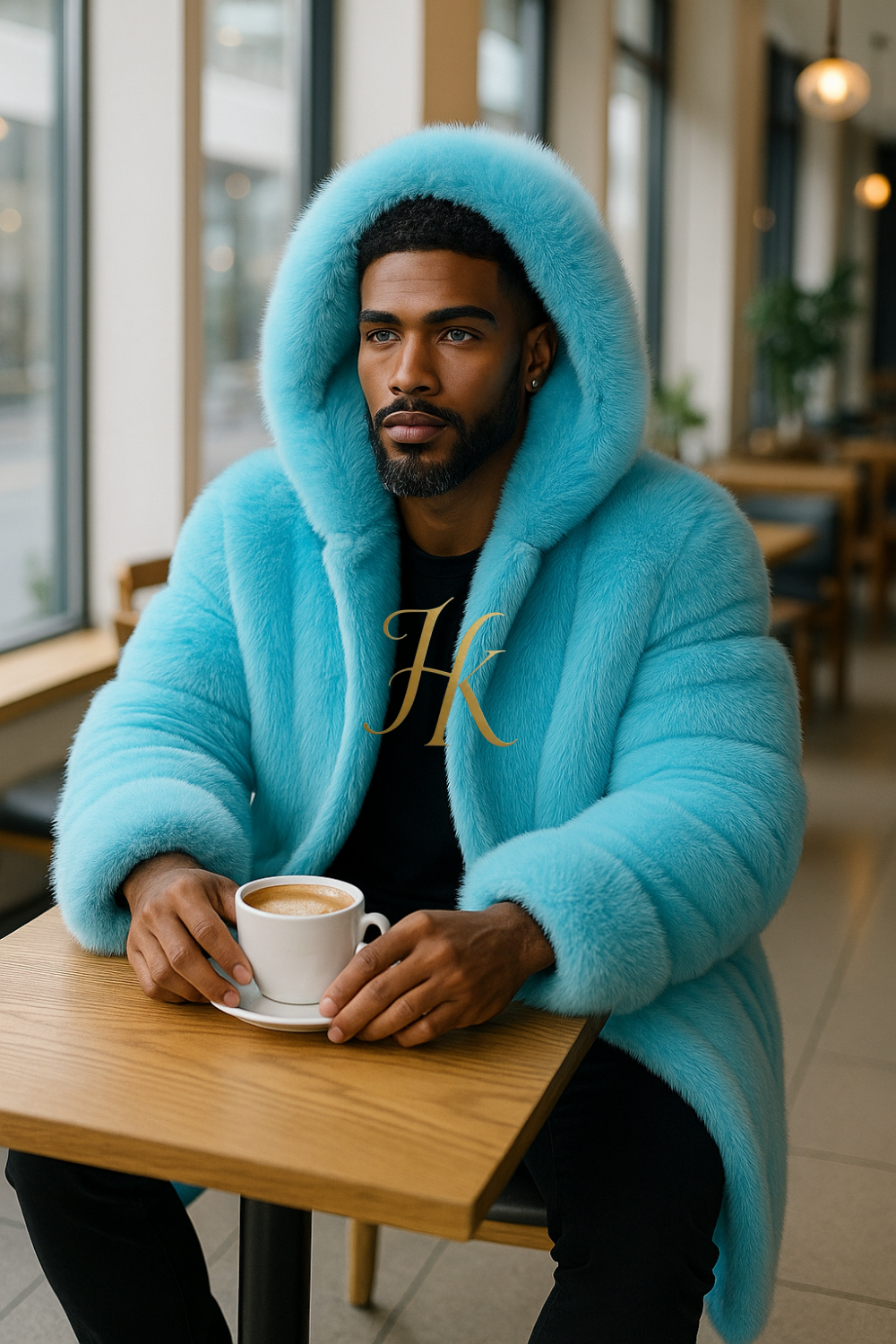 Men’s Light Blue Long Fox Fur Coat – Genuine Natural Fur Luxury Winter Outwear