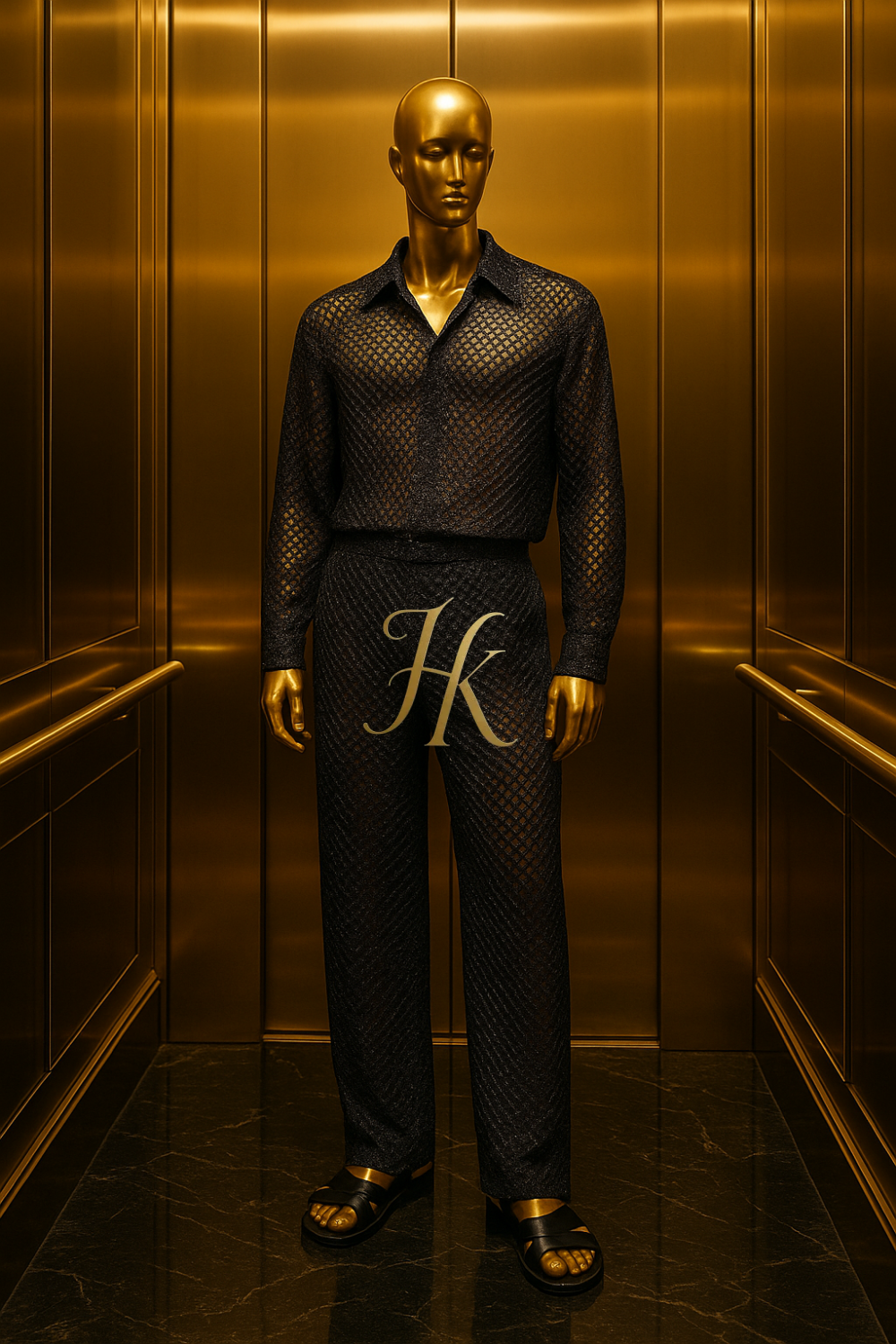 Men’s Metallic Mesh Outfit Set – 3D Foil Textured Shirt & Pants in Luxury Interwoven Fabric