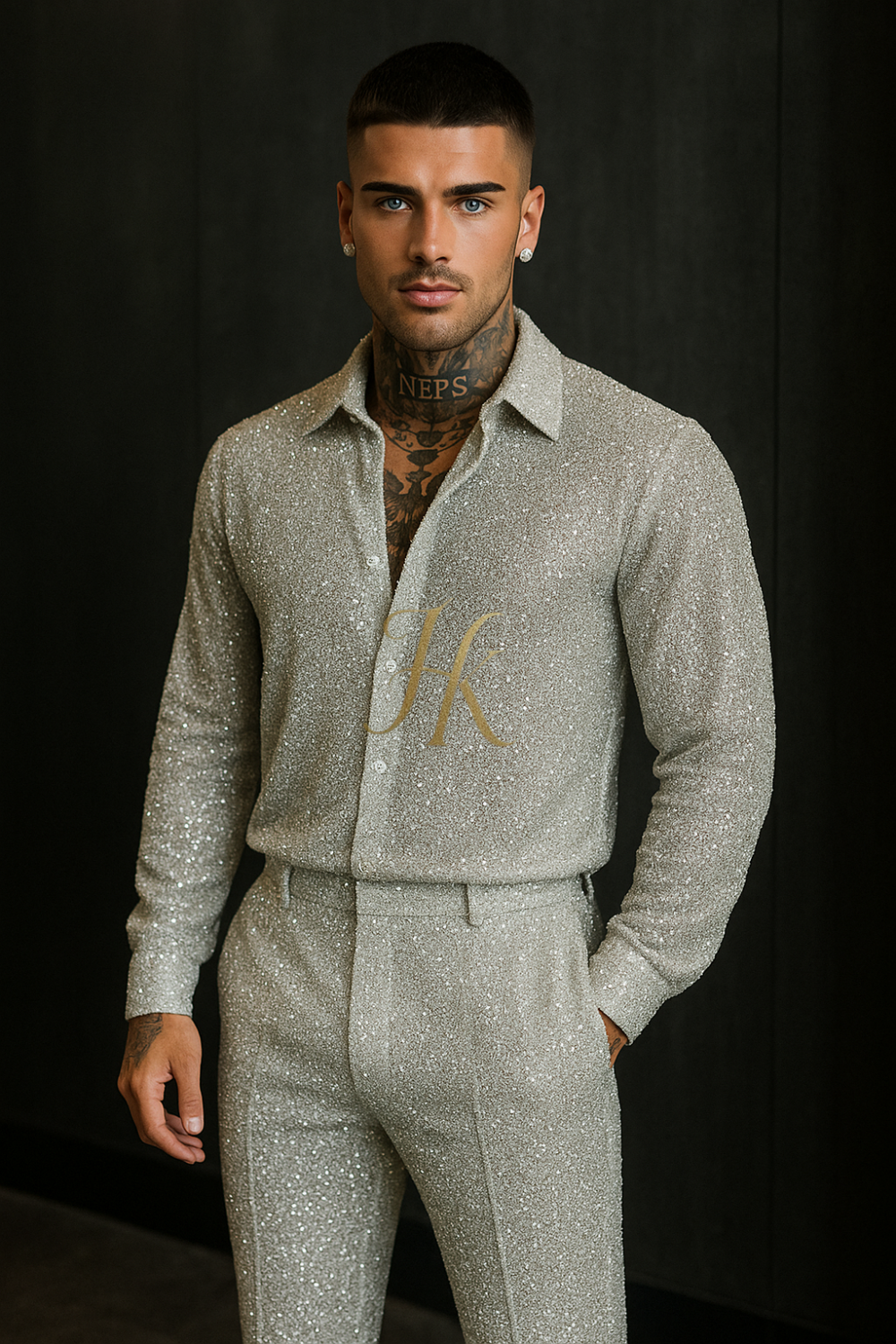 Luxury Off-White Men’s Embroidered Tulle Set – Handmade Pearled Lace Shirt & Pants