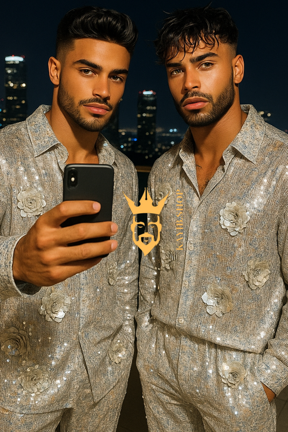 Men’s Luxury Silver Sequin Lace Set – Handmade Embroidered Net Fabric Shirt & Pants